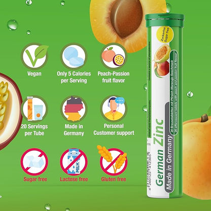 German Zinc 140 Drink Effervescent Tablets - Peach and Passion Fruit Flavour - 5 mg Zinc, Sugarfree, Vegan - T&D Pharma – Made in Germany