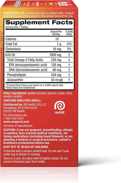 MegaRed Ultra Strength 1000mg Omega-3 Krill Oil Supplement with EPA/DHA, Astaxanthin & Phospholipids, No Fish Oil Aftertaste Supports Heart, Brain, Joint and Eye Health, 60 Count Softgels.