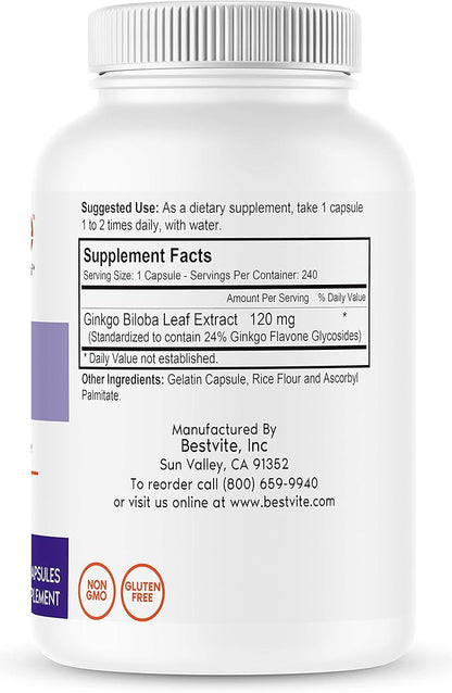 BESTVITE Ginkgo Biloba 120mg (240 Capsules) - No Stearates - Non GMO - Gluten Free - standardized to 24% Ginkgo Flavone Glycosides