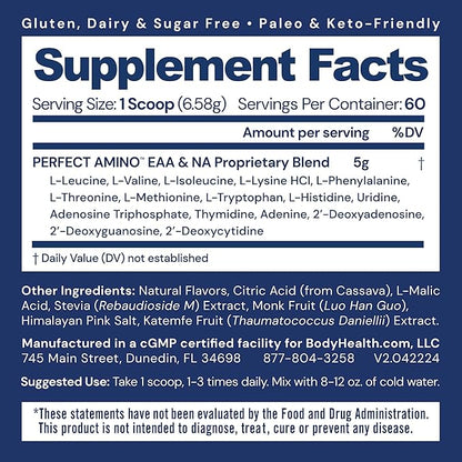 BodyHealth PerfectAmino Powder - BCAA and EAA Powder for Pre and Post Workout - Amino Acid Energy Drink for Men and Women to Support Lean Muscle and Recovery - Mixed Berry - 60 Servings