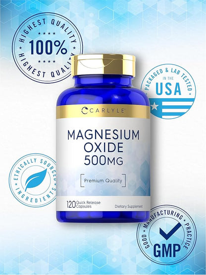 Carlyle Magnesium Oxide 500mg | 120 Capsules | Premium Quality | Non-GMO and Gluten Free Supplement