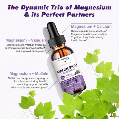 Magnesium Glycinate Liquid Drops - 1000mg 5-in-1 High Absorption Liquid Magnesium Complex with D3/K2/B6 | Fast-Acting, Bone, Muscle & Sleep | Sugar-Free Grape Flavor, 2fl Oz 2 Pack