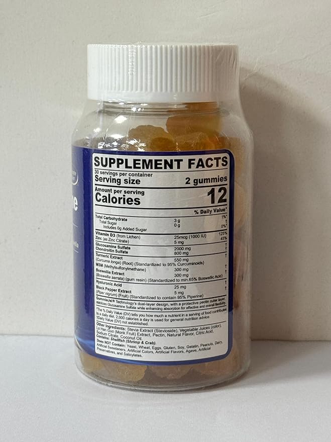Sugar Free Glucosamine Gummies for Adults 2000MG - Glucosamine Chondroitin MSM Supplement - Plus Turmeric, Boswellia, Hyaluronic Acid & Vitamin D3, Chewable Glucosamine Gummy, 60 Gummies, 30 Servings