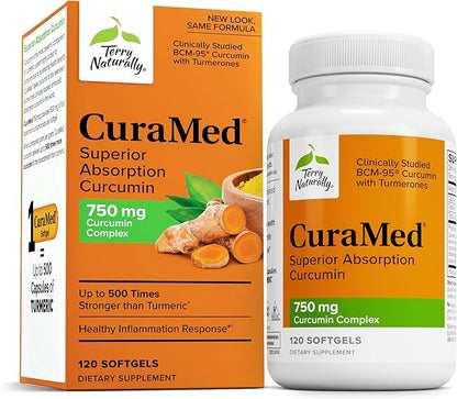 Terry Naturally CuraMed 750mg - Antioxidant Supplement for Brain & Heart Health Support - Dietary Supplement with High-Potency Curcumin Complex - Kidney, Liver & Immune Health Support - 120 Softgels