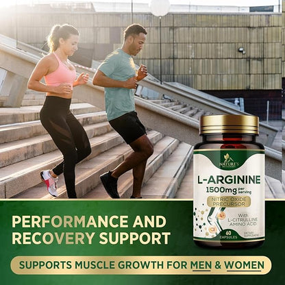L-Arginine Supplement 1000mg - Heart Health Support - Premium Muscle Supporting Nitric Oxide Precursor Booster for Extra Strength - Gluten Free, Amino Acid Energy Blend For Men - 60 Capsules