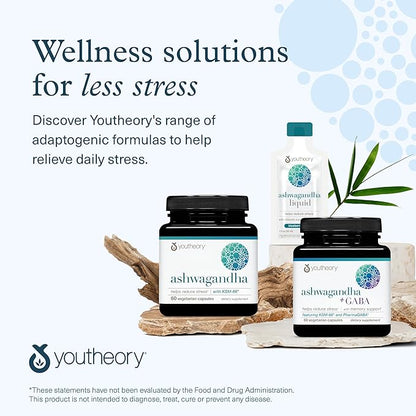 Youtheory Ashwagandha - 1,000 mg - Stress Support Supplement - Cortisol Support Supplement - Gluten, Dairy & Soy Free - 60 Vegetarian Capsules