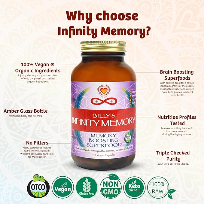 Infinity Memory and Focus Supplement, Superfood Brain Fuel with Organic Lions Mane Mushroom, Ashwagandha, Holy Basil, & Turmeric, Supplements for Women and Men (150 Capsules)