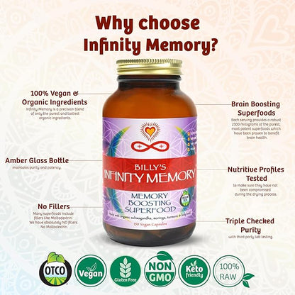 Infinity Memory and Focus Supplement, Superfood Brain Fuel with Organic Lions Mane Mushroom, Ashwagandha, Holy Basil, & Turmeric, Supplements for Women and Men (150 Capsules)