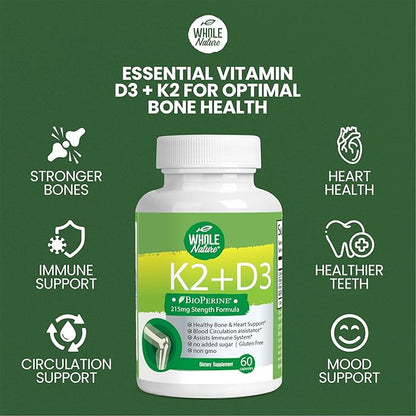 K2 D3 Vitamin Supplement with BioPerine - Vegan Calcium with Vitamins K and D - Advanced D3K2 VIT 5000 IU - 60 Vegan D3 Plus K2 MK-7 Complex Nutritional Capsules for Heart & Bone Health (1