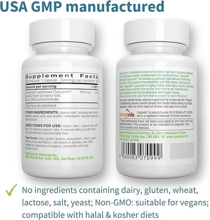 Igennus Longvida Lipidated Curcumin 500mg, Ultra Bioavailable & Sustained Action, 65x Higher Plasma Levels, Intensive Support, Free-Form Curcumin, Vegan, 30 Capsules