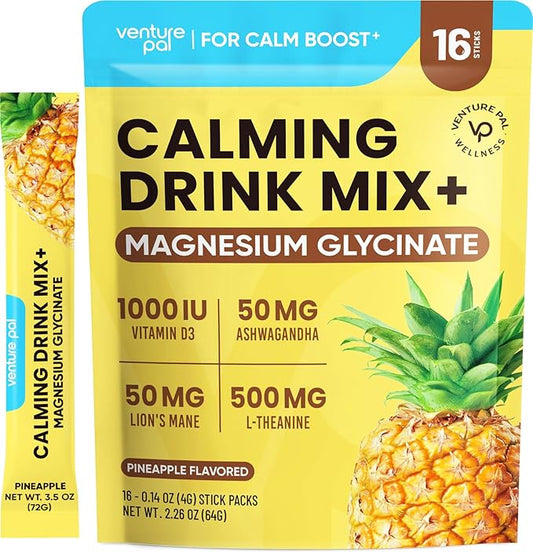 Venture Pal Magnesium Glycinate Powdered Calming Drink Mix with Ashwagandha, Vitamin D, L-Theanine, Lions Mane, Sugar Free Magnesium Supplement Blend for Calm, Relax & Focus, Non GMO, Vegan, 16 Sticks