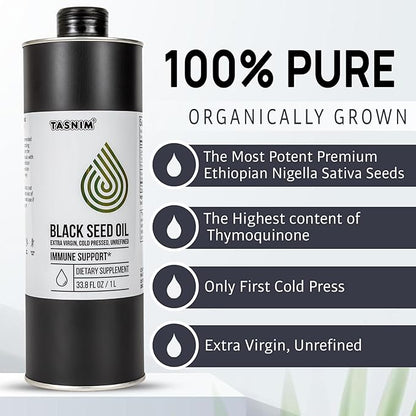 Tasnim Black Seed Oil (35.27 fl oz) | Cold Pressed for Immune Support (21% Thymoquinone) | Skin & Hair