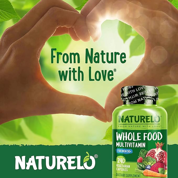 NATURELO Whole Food Multivitamin for Men 50+ - with Vitamins, Minerals, Organic Herbal Extracts - Vegan Vegetarian - for Energy, Brain, Heart and Eye Health - 240 Capsules