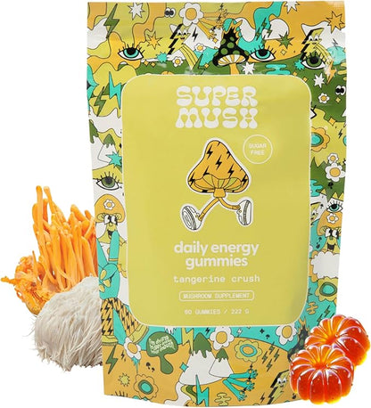 Energy Mushroom Gummies - Organic Lions Mane Supplement with Cordyceps, Rhodiola, L-Theanine, Maca - Vegan & Sugar-Free - Energy, Focus, Stamina, Stress Reduction - 60 Gummies (30 Servings)