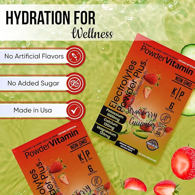 Electrolytes Powder Plus, Keto, Strawberry Cucumber, Sugar Free, Pink Himalayan Salt, 1000mg Potassium, 120mg Calcium, 120mg Magnesium, Non-GMO, Zero Calories, (16 Hydration Packets)