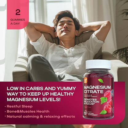 Adult Magnesium Gummy Supplements - 180 Mg for Nerve, Muscle, and Cardiovascular Health, Promotes Restful Sleep - 60 Count