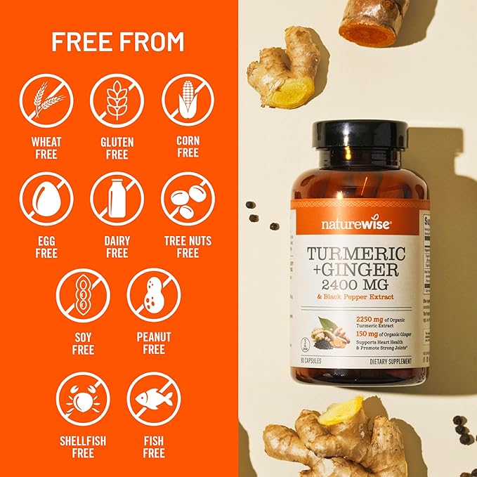 NatureWise Turmeric Curcumin + Ginger 2400 mg - Turmeric Extract with 95% Curcuminoids, Extra Strength Supplement, Enhanced Absorption - Vegan, Gluten-Free - 90 Count[30-Day Supply]