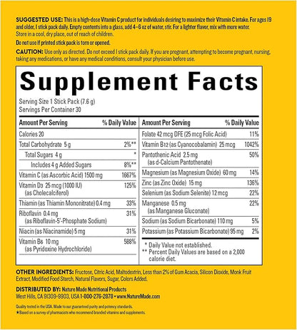 Nature Made Wellblends ImmuneMAX Fizzy Drink Mix, Vitamin C 1500mg, Zinc 15 mg, Vitamin D3 1000 IU (25 mcg), plus B Vitamins and Electrolytes Hydration Blend, 30 Stick Packs