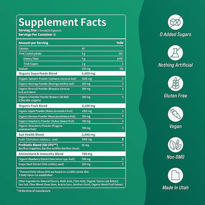 Supergreens - Premium Superfood Greens Drink Mix with Chlorella, Moringa, Spinach, & Broccoli + Digestive Enzymes - Nutrient-Packed Greens Powder Superfood for Wellness(30 SRV)