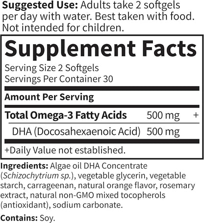 Garden of Life Minami Algae Omega 3 Vegan DHA for Brain and Eye Health - Orange Flavor, 500mg Plant Based DHA Omega-3 Vegan Algae Oil Plus Astaxanthin, No Aftertaste, 60 Easy-to-Swallow Mini Softgels