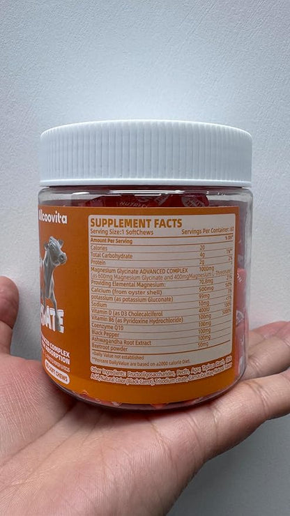 Magnesium Glycinate Soft Chews, Orange Flavor.Chewable Sugar Free Potassium Magnesium Chews with Magnesium Glycinate, Vitamin D, B6, and CoQ10 for Calm Support & Sleep for Adults, 60 Days Supply