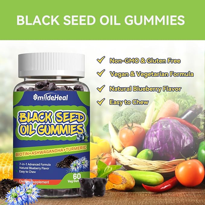 Black Seed Oil Gummies, Organic Black Cumin Seed Oil Gummies, Black Cumin Seed Oil Organic 500mg, Chewable Black Seed and Honey Gummies, Vegan, 60 Gummies