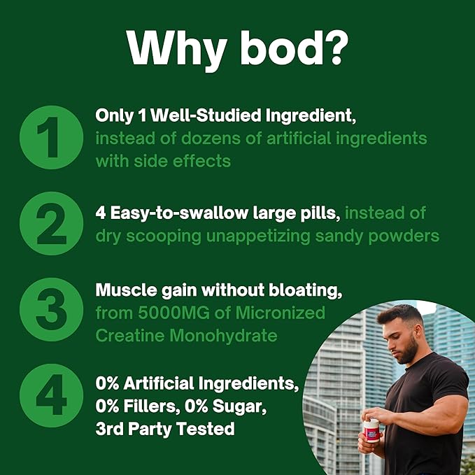 BOD Creatine Monohydrate Pills for Muscle Support, Vegan Pre or Post-Workout Creatine Capsules for Women and Men, 5g Micronized & Instantized Creatine per Serving, 45 Servings, 180 Capsules