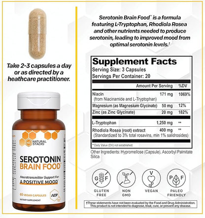 Serotonin Brain Food - 1250mg L-Tryptophan & 400mg Rhodiola Rosea Supplement - Mood Support Supplement for Stress Relief - Neurotransmitter Support with Magnesium Glycinate & Zinc - 120 Capsules