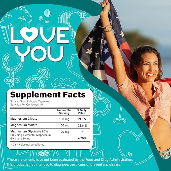 Love You Triple Magnesium for Women Magnesium Glycinate, Magnesium Citrate, and Magnesium Malate, 300 mg per Serving, 90 Veggie Capsules, 100% Vegan, All-Natural