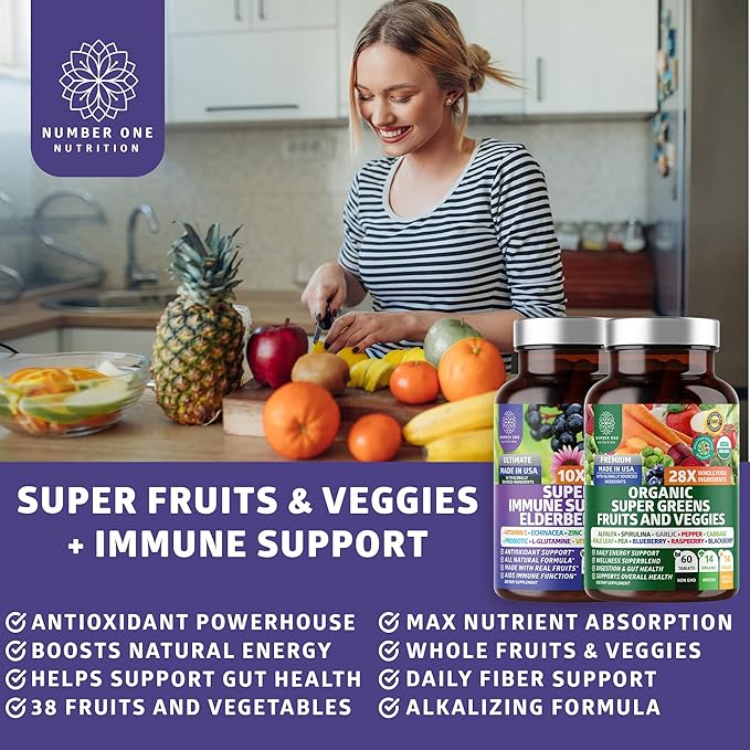 N1N Premium Organic Super Fruits & Veggies + Immune Support [38 Powerful Ingredients], Natural Super Greens Supplement with Alfalfa, Vitamins & Minerals, Zinc, Turmeric and Probiotic, 120 Caps