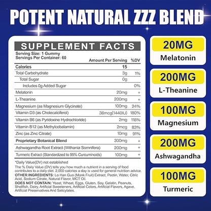 Melatonin 20mg Gummies for Adults - Sugar Free Melatonin Gummies Extra Strength with L-Theanine, Magnesium, Ashwagandha, Turmeric, D3 & Zinc - Non-Habit Forming