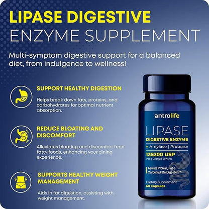 Digestive Enzymes Supplement – Lipase, Protease & Amylase for Optimal Digestion – Supports Fat, Protein & Carbohydrate Breakdown – Dietary Supplement Lipase Enzyme – 60 Capsules