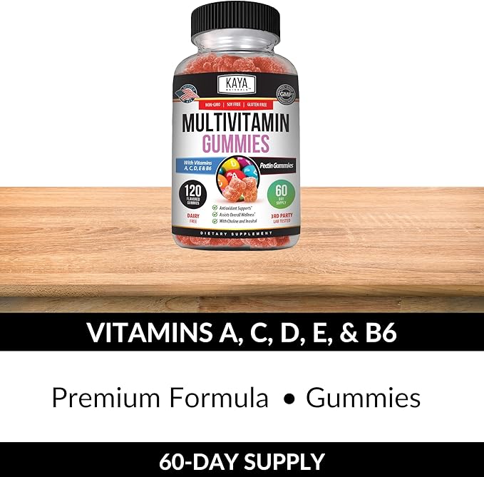 Kaya Naturals Adult Multi Vitamin Gummy, 120 Count, Biotin, Vitamin A, B-12, C & E, Including Zinc, Folic Acid, Strawberry Flavor (120 Gummies)