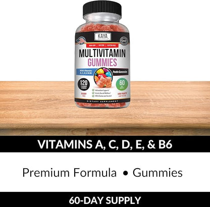 Kaya Naturals Adult Multi Vitamin Gummy, 120 Count, Biotin, Vitamin A, B-12, C & E, Including Zinc, Folic Acid, Strawberry Flavor (120 Gummies)