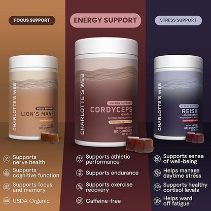 Charlotte's Web Energy Support Mushroom Gummies w/Cordyceps & Shiitake Mushrooms, Caffeine-Free Energy Supplements — Cordyceps Mushroom Gummies, Peach Iced Tea Flavor (30 Servings)