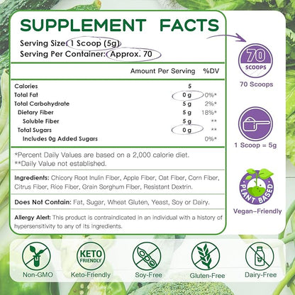 Daily Fiber Supplement - Soluble Prebiotic Fiber Powder for Gut Health, Whole Food High Fiber for Digestive Health & Regularity, Unflavored Clear Mixing Powder, Gluten & Sugar Free, Keto - 70 Servings