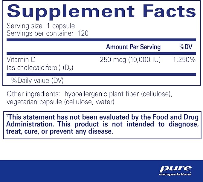 Pure Encapsulations Vitamin D3 250 mcg (10,000 IU) - Supplement to Support Bone, Joint, Breast, Heart, Colon & Immune Health - with Premium Vitamin D - 120 Capsules