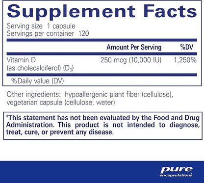 Pure Encapsulations Vitamin D3 250 mcg (10,000 IU) - Supplement to Support Bone, Joint, Breast, Heart, Colon & Immune Health - with Premium Vitamin D - 120 Capsules