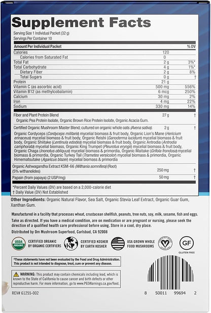 OM MUSHROOM SUPERFOOD Master Blend Mushrooms & Adaptogens, Creamy Vanilla Plant Protein, Single Serve, 10 Count, 10 Mushroom Complex, Lion's Mane, Ashwagandha for Energy, Recovery, Stress Relief