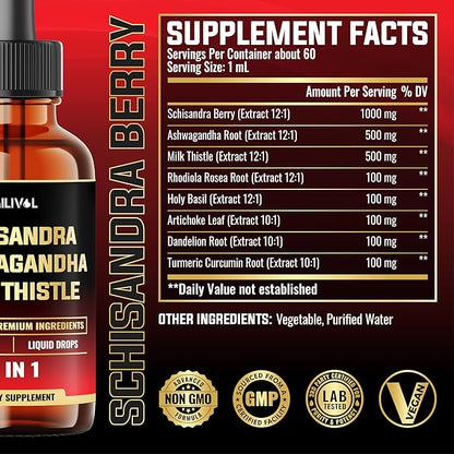 8in1 Liquid Schisandra Supplement - Schisandra Extract Drops with Milk Thistle, Ashwagandha and 6 More - Mood Support, Organ Health - 2 Fl Oz for 60 Days