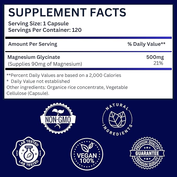 Magnesium Glycinate 500mg Pure Night Sleep, 120 Capsules, High Absorption - Non-GMO, Gluten Free, Vegan, Organic - Supplement for Sleep, Heart Health Nerves, Bones, Muscles - Massive 4 Month Supply