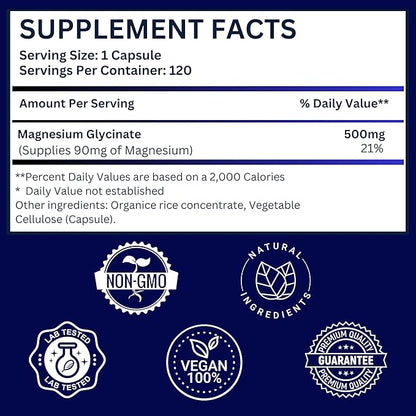 Magnesium Glycinate 500mg Pure Night Sleep, 120 Capsules, High Absorption - Non-GMO, Gluten Free, Vegan, Organic - Supplement for Sleep, Heart Health Nerves, Bones, Muscles - Massive 4 Month Supply