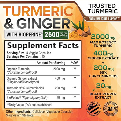 Turmeric Supplement Curcumin 2600mg - with Organic Ginger & Turmeric, BioPerine Black Pepper Extract 95% Curcuminoids - Advanced Absorption Antioxidant & Joint Support - Vegan - 60 Capsules