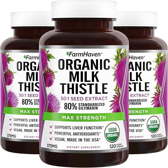 FarmHaven USDA Organic Milk Thistle Capsules | 30X Concentrated Seed Extract & 80% Silymarin Standardized - Supports Liver Function and Overall Health | Non-GMO | 360 Vegan Capsules