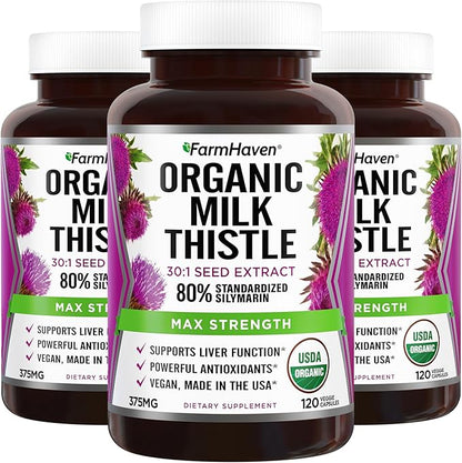 FarmHaven USDA Organic Milk Thistle Capsules | 30X Concentrated Seed Extract & 80% Silymarin Standardized - Supports Liver Function and Overall Health | Non-GMO | 360 Vegan Capsules
