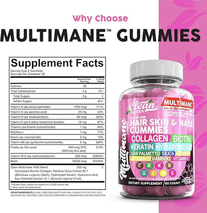 Multimane Collagen Gummies with Biotin Keratin Hyaluronic Acid Bamboo Vitamin A C Vitamin D Vitamin E Folate Saw Palmetto Silica B3 Vitamins Hair Skin and Nails Gummies by Clean Nutra