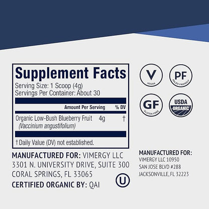 Vimergy Wild Blueberry Powder –Protects Brain Health* - Supports Cardiovascular Function* – Organic, Vegan & Gluten-Free – Trial Size 125g