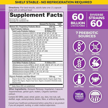 Vital Planet - Vital Flora Women Over 55 Daily Probiotic 60 Billion CFU, 60 Diverse Strains, 7 Organic Prebiotics, Immune Support Shelf Stable Digestive Health Probiotics for Women 60 Capsules