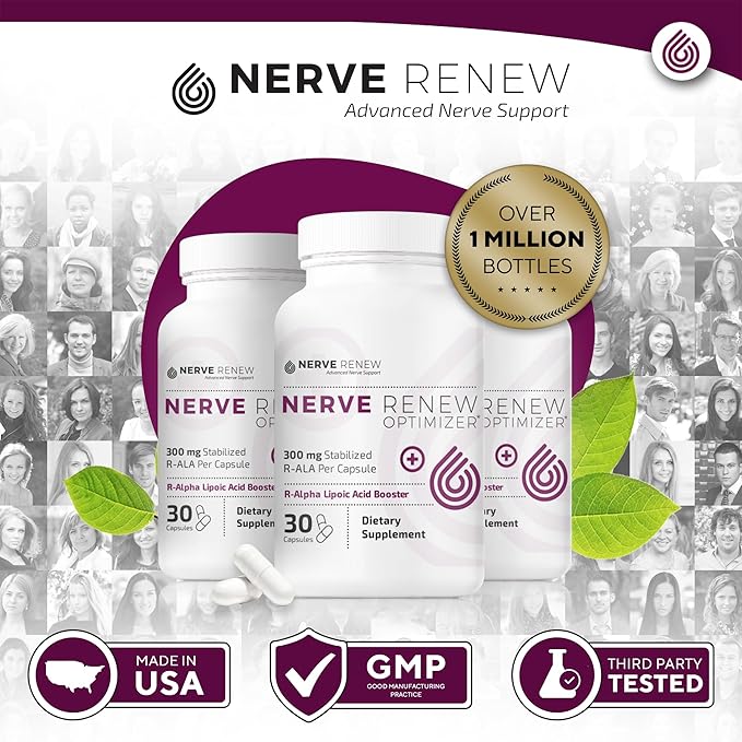 NERVE RENEW Optimizer - Dietary Supplement - 30 Capsules - 300 mg Stabilized R-Alpha Lipoic Acid per Capsule for Natural Nerve Discomfort Support - Fast Absorption - Safe and All Natural
