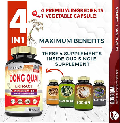 Dong Quai Supplement Extract Capsules, 4 Months Supply with Black Cohosh, Chasteberry, Ashwagandha - 120 Vegan Capsules